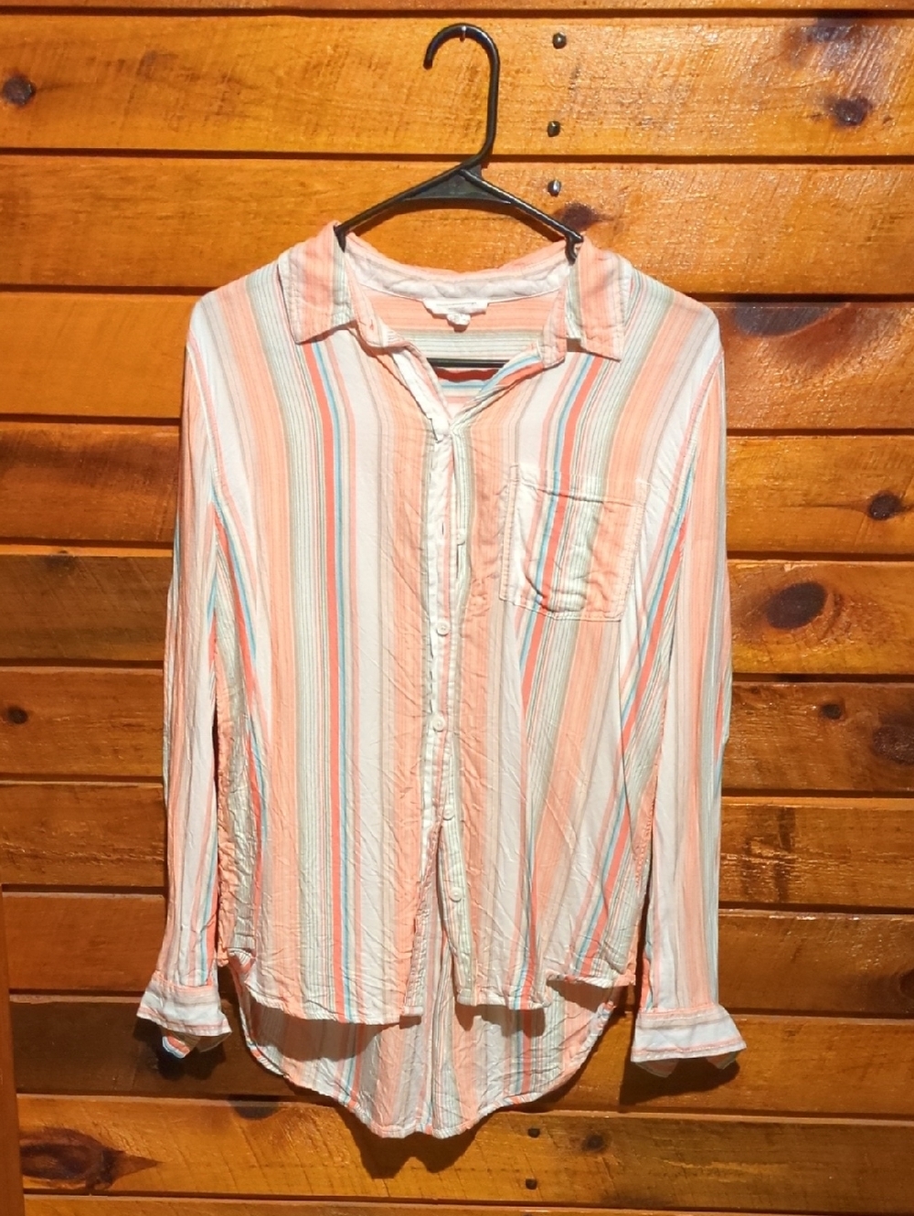 beachlunchlounge Peach, Teal and White Striped Button Shirt